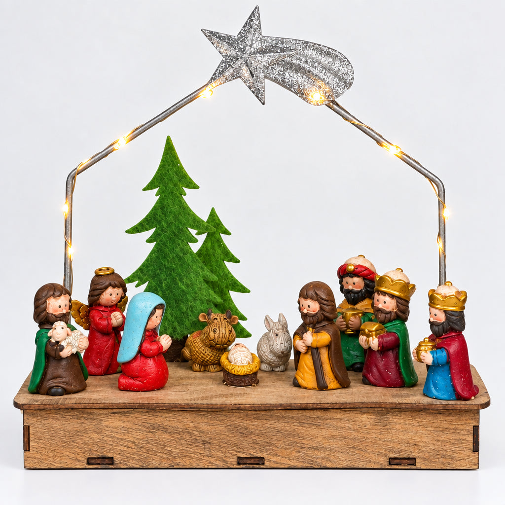 NATIVITÀ IN RESINA SU BASE IN LEGNO CON LED