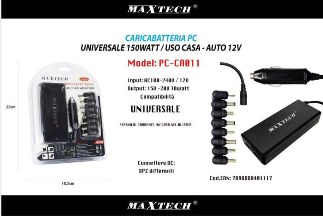 CARICABATTERIE PC UNIVERSALE CASA/AUTO 150W